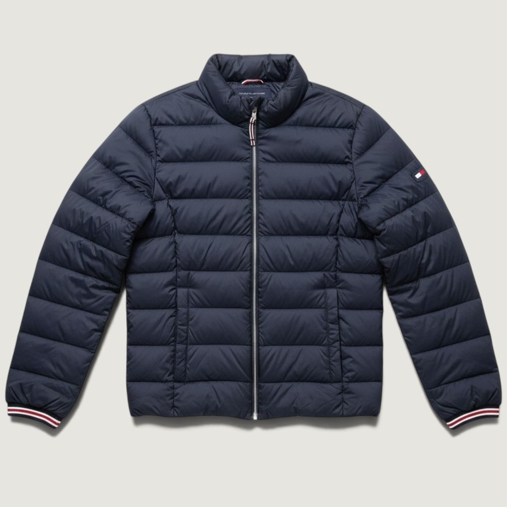 Tommy Hilfiger Jacket Mens 2XL Blue Down Puffer Quilted Full Zip Stand Collar